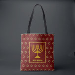 HANUKKAH Menorah Star David Personalized RED Tote Bag<br><div class="desc">Stylish festive all over print TOTE BAG with faux gold Star of David in subtle background pattern. Placeholder text is customizable so you can change HAPPY HANUKKAH to a greeting of your own choice (text of similar length), your name or text in your own language. Part of the HANUKKAH Collection....</div>