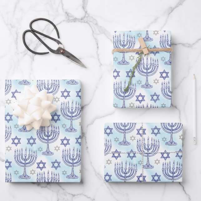 Hanukkah Menorah Star of David Doodle Art Style Wrapping Paper Sheet (Front)