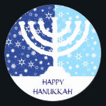 Hanukkah Menorah Sticker<br><div class="desc">A white graphic Hanukkah menorah sits against a wintry blue background on this sticker. Two tones of blue add contrast to the snowflakes and stars of the background. Add your own customized Hanukkah message underneath and start sticking this label on everything! Available in matching postage,  cards and other favours.</div>