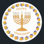 hanukkah menorah stickers<br><div class="desc">A gold menorah surrounded by a circle gold & blue stars with the words "Happy Hanukkah". The background is white but can be changed to any of zazzle's many colour choices.</div>