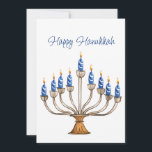 Hanukkah Menorah with Blue, White Burning Candles<br><div class="desc">Watercolor menorah with blue and white burning candles.  Happy Hanukkah greeting and sentiment on back can be changed.   AI assisted graphic purchased with commercial use.  Artwork:  CosmicMeta</div>