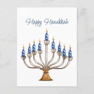Hanukkah Menorah with Blue, White Burning Candles  Postcard
