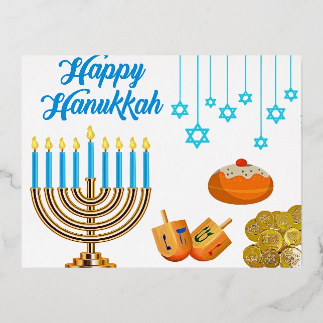Hanukkah Menorah with Candles and Traditional Item Foil Holiday Postcard (Front)