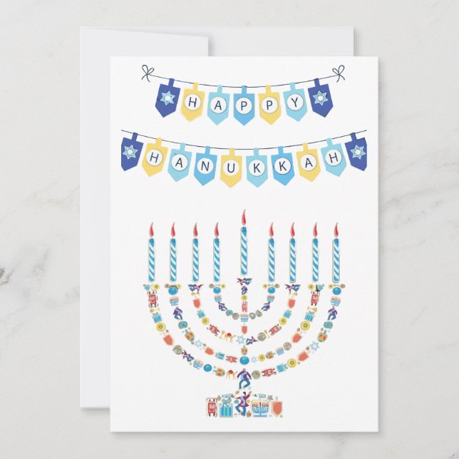 Hanukkah Menorah with Candles and Traditional Item Holiday Card (Front)