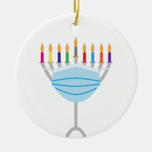 Hanukkah Menorah with face mask Ceramic Ornament