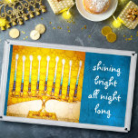 Hanukkah Menorah Yellow Blue Shining Bright Artsy Acrylic Tray<br><div class="desc">“Shining bright all night long.” A close-up photo of a bright, colourful, yellow gold artsy menorah photo with teal accents helps you usher in the holiday of Hanukkah in style. Feel the warmth and joy of the holiday season whenever you use this stunning, colourful Hanukkah serving tray. 4 sizes to...</div>