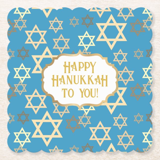 Hanukkah Modern Blue Gold Star Of David Paper Coaster (Front)