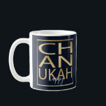 Hanukkah Mug "Chanukah Happy Gold"<br><div class="desc">Classic Mug for Hanukkah. "Chanukah Happy Gold" Chanukah Mug. Gold lettering and Gold rectangle can be resized and moved. Background colour, dark blue, can be changed out. Personalize mug by deleting text, and replacing with your own messages. Choose your favourite font style, colour, and size. Create a simply simple gift...</div>
