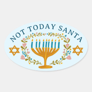 HANUKKAH NOT TODAY SANTA Funny Floral Hand-drawn Oval Sticker