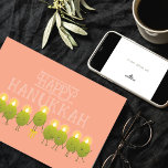 Hanukkah Olive Menorah | Peach Corporate Logo Card<br><div class="desc">Shine bright together this Hanukkah! This corporate greeting card features a playful group of olives who team up to form a glowing menorah with the message “Happy Hanukkah from olive us.” The inside includes a logo template on a crisp white background for easy company branding. Celebrate the spirit of teamwork...</div>