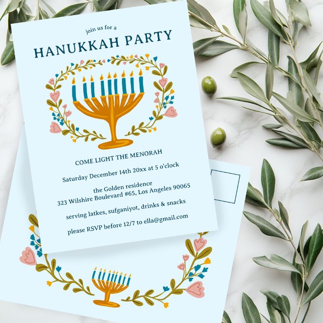 HANUKKAH PARTY Invitation floral wreath CUSTOM Postcard (HANUKKAH PARTY Invitation floral wreath CUSTOM Postcard
)