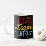 Hanukkah Party Love Light Latkes Personalized Coffee Mug<br><div class="desc">Our Hanukkah Party Love Light Latkes Personalized Funny Quote Coffee Mug will get everyone into the Holiday spirit! Dress up your morning coffee for the holidays. A personalized mug makes a great holiday gift for special family, friends & clients. The colourful, humourous saying stands out on the black starry night...</div>