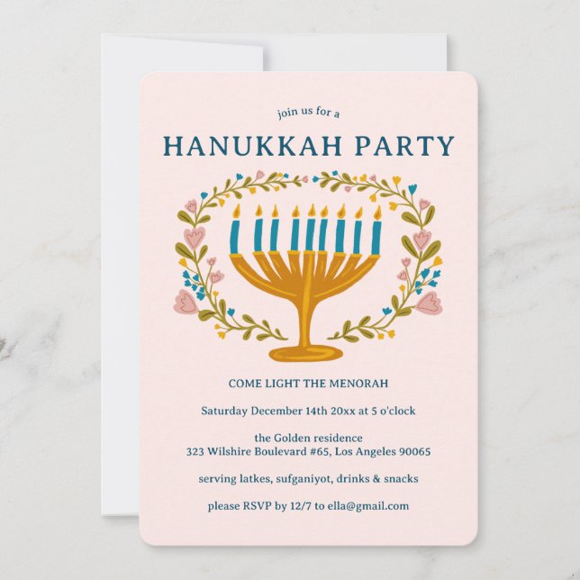 HANUKKAH PARTY Menorah floral wreath CUSTOM Invitation (Front)