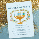 HANUKKAH PARTY Menorah floral wreath CUSTOM Invitation<br><div class="desc">Hand drawn florals by me for you. Add your own text to the front of the card or change the background colours. Everything is customizable. Also available as a digital download or as a postcard invite. For more designs and colours check my shop! Or let me know if you'd like...</div>