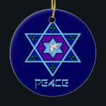 Hanukkah Peace Art Ceramic Ornament<br><div class="desc">Blues of all shades, lilac and lavender in a flower shape with a knotted six-sided star in the centre is a great way to celebrate Hanukkah and express your individuality at the same time.</div>