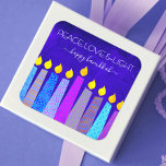 Hanukkah Peace Love Bold Boho Pattern Candles Blue Square Sticker<br><div class="desc">“Peace, love & light.” A playful, modern, artsy illustration of boho pattern candles helps you usher in the holiday of Hanukkah. Assorted blue candles with colorful faux foil patterns overlay a rich, deep blue textured background. Feel the warmth and joy of the holiday season whenever you use this stunning, colorful,...</div>