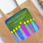 Hanukkah Peace Love Light, Blue Boho Candles Green Square Sticker<br><div class="desc">“Peace, love & light.” A playful, modern, artsy illustration of boho pattern candles helps you usher in the holiday of Hanukkah. Assorted blue candles with colourful faux foil patterns overlay a rich, deep green textured background. Feel the warmth and joy of the holiday season whenever you use this stunning, colourful,...</div>