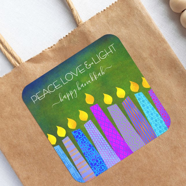 Hanukkah Peace Love Light, Blue Boho Candles Green Square Sticker (Creator Uploaded)