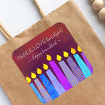 Hanukkah Peace Love Light Blue Boho Candles Red Square Sticker<br><div class="desc">“Peace, love & light.” A playful, modern, artsy illustration of boho pattern candles helps you usher in the holiday of Hanukkah. Assorted blue candles with colourful faux foil patterns overlay a rich, deep burnt red orange textured background. Feel the warmth and joy of the holiday season whenever you use this...</div>