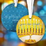 Hanukkah Peace Love Light Yellow Menorah Keepsake Ornament<br><div class="desc">“Peace, love & light.” A close-up digital photo illustration of a bright, colourful, yellow and gold artsy menorah helps you usher in the holiday of Hanukkah in style. On the back, your personalized name and year and a tiny blue Star of David pattern overlays a textured teal blue background. Feel...</div>