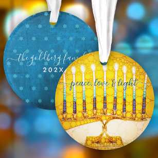 Hanukkah Peace Love Light Yellow Menorah Keepsake Ornament