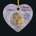 Hanukkah Photo Greetings Ceramic Ornament<br><div class="desc">Ornament features a pretty purple abstract background with Dreidel. Photo area and front text are ready for you to customize. Back of this photo Ornament says Hanukkah Greetings and text is ready for you to add names. Wonderful Hanukkah gift or keepsake idea.</div>