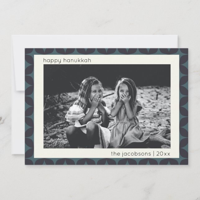Hanukkah Photo Modern Geometric Blue Border Holiday Card (Front)