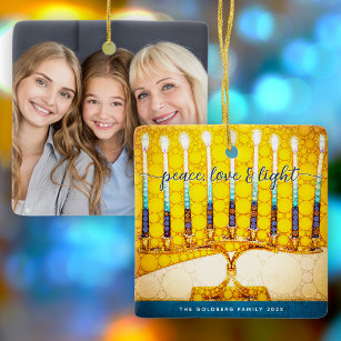 Hanukkah Photo Peace Love Light Yellow Menorah Ceramic Ornament