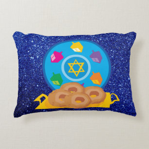 Hanukkah Plate with Dreidels Blue Faux Glitter Decorative Pillow