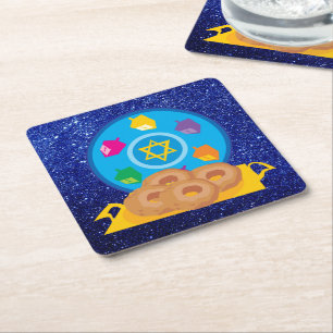 Hanukkah Plate with Dreidels Blue Faux Glitter Square Paper Coaster