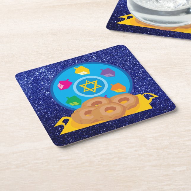 Hanukkah Plate with Dreidels Blue Faux Glitter Square Paper Coaster (Angled)