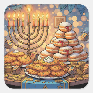 Hanukkah Potato Pancakes, Menorah and Jelly Rolls Square Sticker