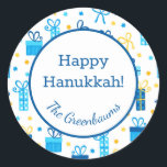 Hanukkah Presents Classic Round Sticker<br><div class="desc">These fabulous gift tags would look great on all your Hanukkah gifts.  They are so festive with their Hanukkah presents and Stars of David in blue and yellow.  Trendy yet traditional.  And,  they are customizable with your family name.</div>
