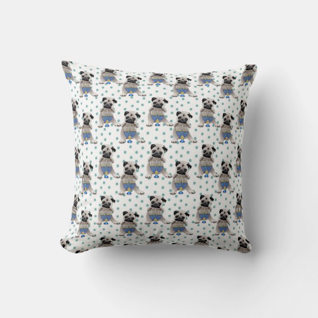 Hanukkah Pug and Menorah Throw Pillow (Front)