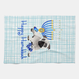 Hanukkah Pug with Menorah and Dreidels Kitchen Towel