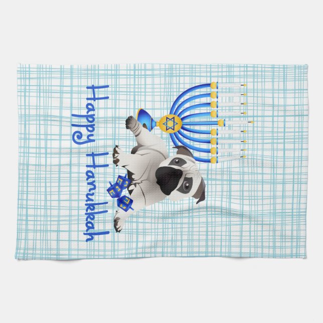 Hanukkah Pug with Menorah and Dreidels Kitchen Towel (Horizontal)