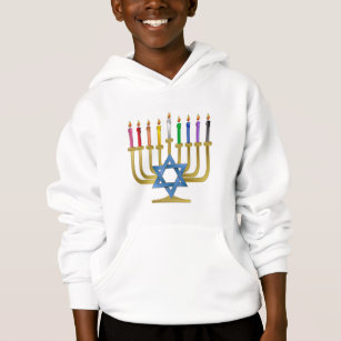 Hanukkah Rainbow Candles Gold Menorah