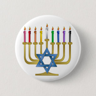 Hanukkah Rainbow Candles Gold Menorah 2 Inch Round Button