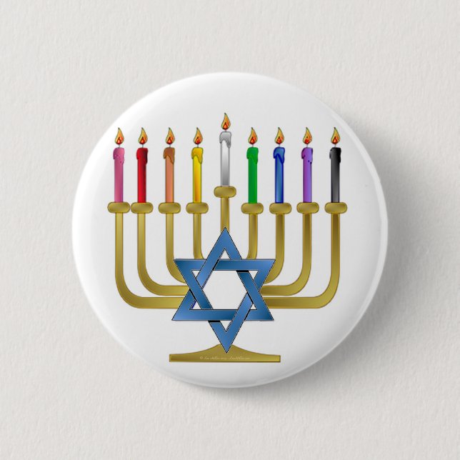 Hanukkah Rainbow Candles Gold Menorah 2 Inch Round Button (Front)