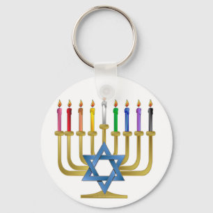 Hanukkah Rainbow Candles Gold Menorah Keychain