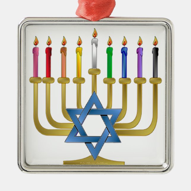 Hanukkah Rainbow Candles Gold Menorah Metal Ornament (Front)