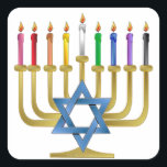 Hanukkah Rainbow Candles Gold Menorah Square Sticker<br><div class="desc">You are viewing The Lee Hiller Designs Collection of Home and Office Decor,  Apparel,  Gifts and Collectibles. The Designs include Lee Hiller Photography and Mixed Media Digital Art Collection. You can view her Nature photography at http://HikeOurPlanet.com/ and follow her hiking blog within Hot Springs National Park.</div>
