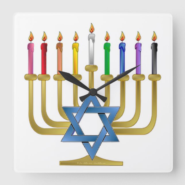 Hanukkah Rainbow Candles Gold Menorah Square Wall Clock (Front)