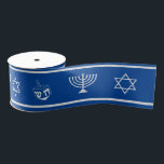Hanukkah Ribbon | Menorah, Star of David, Dreidel Grosgrain Ribbon<br><div class="desc">Festive blue and pale silver Hanukkah ribbon featuring a  dreidel,  menorah,  and Star of David in a repeat pattern,  edged in pale silver on a blue background. Shown is a 3" grosgrain ribbon. Other material and width available. Designed by WebzPickz.</div>