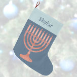 Hanukkah Rustic Menorah Cute Kids Chrismukkah Large Christmas Stocking<br><div class="desc">For kids in blended families, these personalized Hanukkah "Christmas" stockings bring the faiths together. Designed with a rich dark blue background and a printed pale light blue "cuff" design these holiday stockings feature a faux wood menorah and the chid's (or adults!) name printed in dark blue at the top. Create...</div>