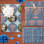 Hanukkah Rustic Menorah Festive Holiday Photo Wrapping Paper Sheet<br><div class="desc">Personalize this custom Hanukkah gift wrap with your photo and a child's name for one of a kind wrapping paper for your Festival Of Lights celebration. The three sheet assortment begins with Sheet 1 and your favourite photo framed in blue with alternating dark blue circles with a faux wood menorah...</div>