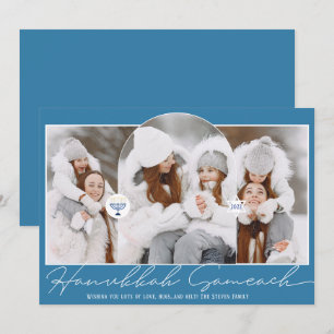Hanukkah Sameach cool blue script menorah 3 photos Holiday Card