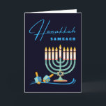 Hanukkah Sameach Menorah and Dreidels Card<br><div class="desc">Hanukkah Sameach, Happy Hanukkah greeting card with a blank interior. Digital illustration with a menorah and two dreidels. Art, image, and verse copyright © Shoaff Ballanger Studios, 2022.</div>