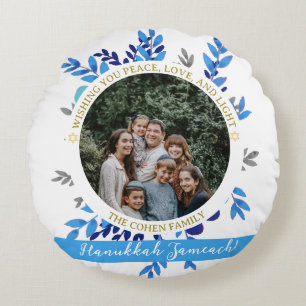 Hanukkah Sameach   Simple Hanukkah family photo Round Pillow