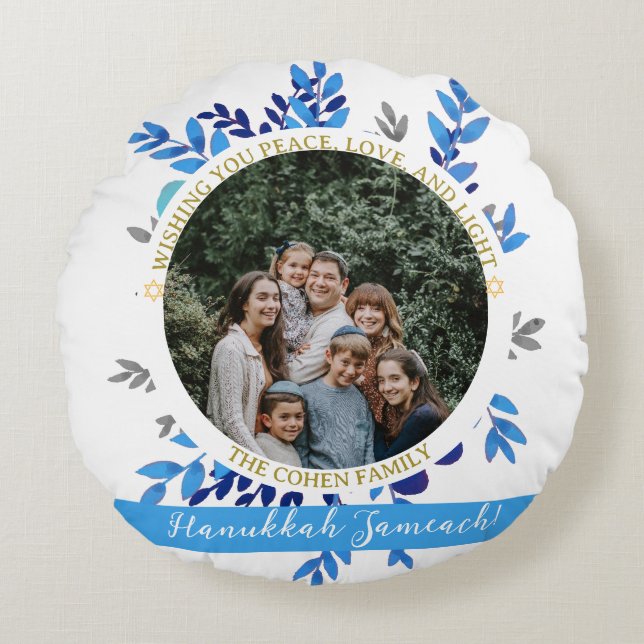 Hanukkah Sameach | Simple Hanukkah family photo Round Pillow (Front)